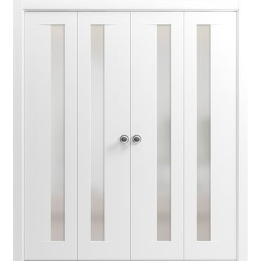 Sliding French Pocket Door 24 x 80 inches | Sete 6933 Matte Black with Frosted Glass | Kit Trims Rail Hardware | Solid Wood Interior Bedroom Sturdy Doors