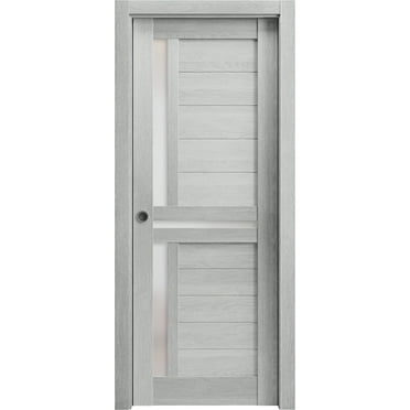 Sliding French Pocket Door 24 x 80 inches with | Veregio 7288 Light Grey Oak with Frosted Glass | Kit Trims Rail Hardware | Solid Wood Interior Bedroom Sturdy Doors