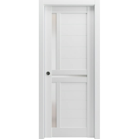 Sliding French Pocket Door 24 x 80 inches with | Veregio 7288 White Silk with Frosted Glass | Kit Trims Rail Hardware | Solid Wood Interior Bedroom Sturdy Doors