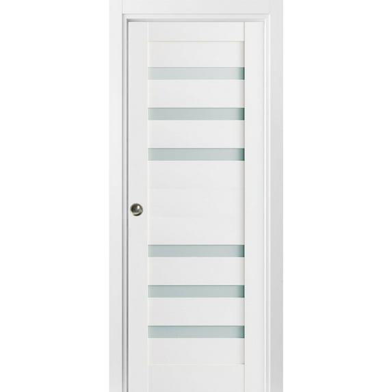 Sliding French Pocket Door 24 x 84 inches with Frosted Glass | Quadro 4266 White Silk | Kit Trims Rail Hardware | Solid Wood Interior Bedroom Sturdy Doors