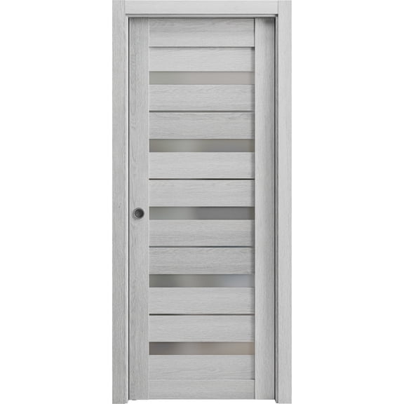 Sliding French Pocket Door 24 x 84 inches | Quadro 4445 Light Grey Oak with Frosted Glass | Kit Trims Rail Hardware | Solid Wood Interior Bedroom Sturdy Doors