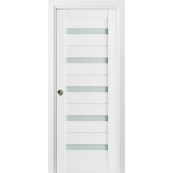 Sliding French Pocket Door 24 x 96 inches with Frosted Glass | Quadro 4445 White Silk | Kit Trims Rail Hardware | Solid Wood Interior Bedroom Sturdy Doors