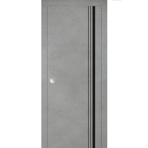 Sliding French Pocket Door 24 x 96 inches with | Planum 0011 Concrete with Frosted Glass | Kit Trims Rail Hardware | Solid Wood Interior Bedroom Sturdy Doors