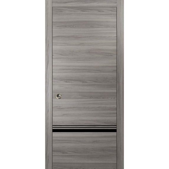 Sliding French Pocket Door 24 x 96 inches with | Planum 0012 Grey Matte with Frosted Glass | Kit Trims Rail Hardware | Solid Wood Interior Bedroom Sturdy Doors