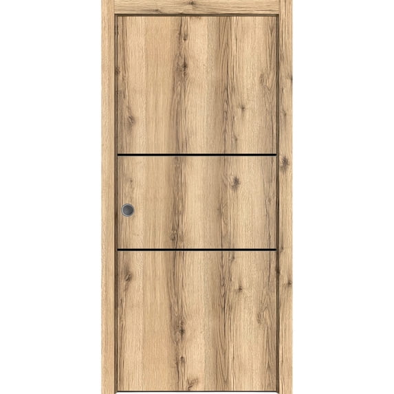 Sliding French Pocket Door 24 x 96 inches with | Planum 0014 Oak with Frosted Glass | Kit Trims Rail Hardware | Solid Wood Interior Bedroom Sturdy Doors
