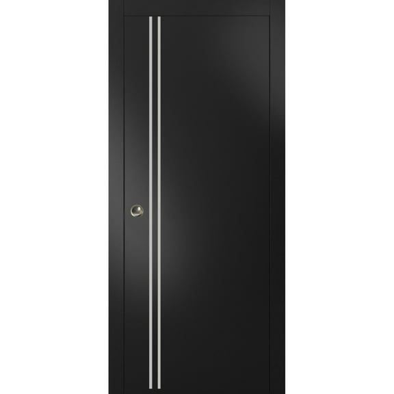 Sliding French Pocket Door 24 x 96 inches with | Planum 0310 Matte Black with Frosted Glass | Kit Trims Rail Hardware | Solid Wood Interior Bedroom Sturdy Doors