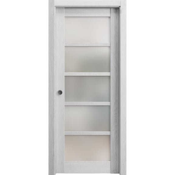 Sliding French Pocket Door 24 x 96 inches | Quadro 4002 Light Grey Oak with Frosted Glass | Kit Trims Rail Hardware | Solid Wood Interior Bedroom Sturdy Doors