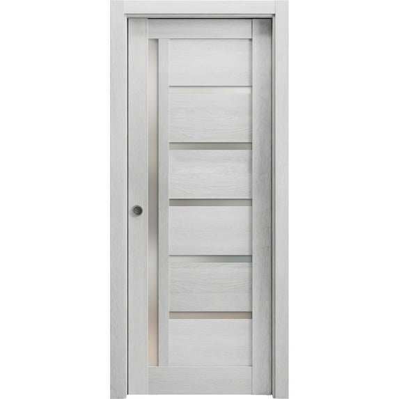 Sliding French Pocket Door 24 x 96 inches | Quadro 4088 Light Grey Oak with Frosted Glass | Kit Trims Rail Hardware | Solid Wood Interior Bedroom Sturdy Doors