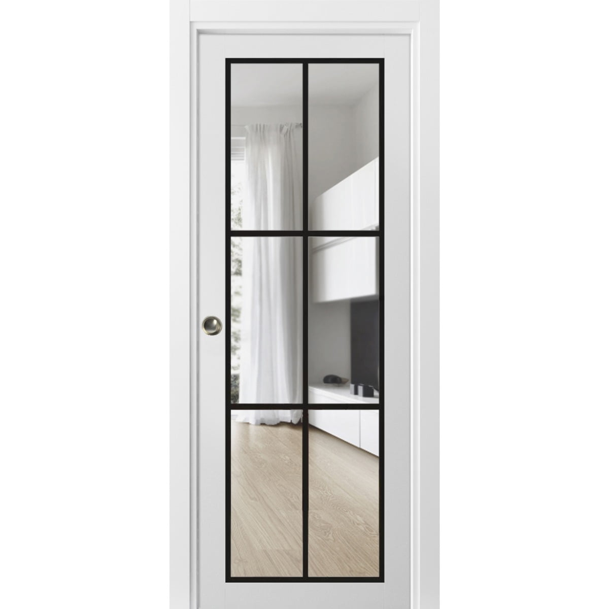Sliding French Pocket Door 28 x 80 inches Lucia 2366 White Silk Clear