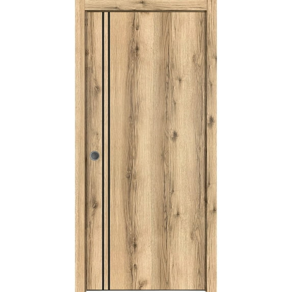 Sliding French Pocket Door 28 x 80 inches with | Planum 0016 Oak with Frosted Glass | Kit Trims Rail Hardware | Solid Wood Interior Bedroom Sturdy Doors