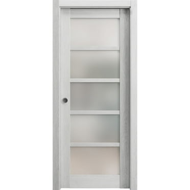 Sliding French Pocket Door 28 x 80 inches | Quadro 4002 Light Grey Oak with Frosted Glass | Kit Trims Rail Hardware | Solid Wood Interior Bedroom Sturdy Doors