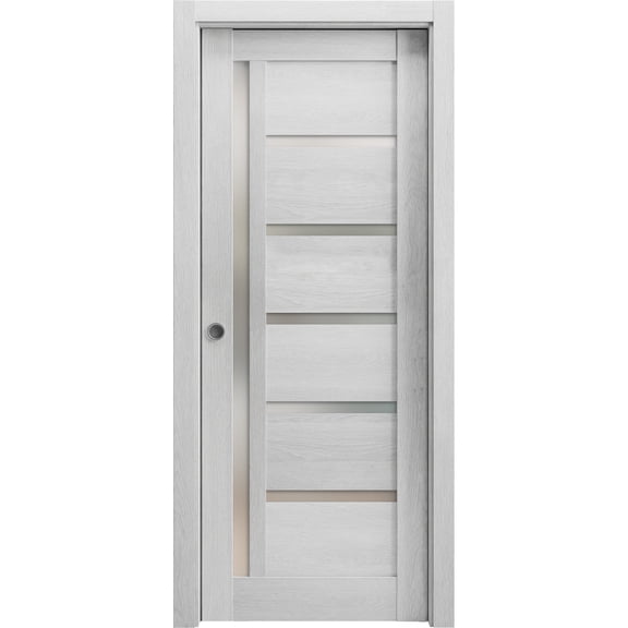 Sliding French Pocket Door 28 x 80 inches | Quadro 4088 Light Grey Oak with Frosted Glass | Kit Trims Rail Hardware | Solid Wood Interior Bedroom Sturdy Doors
