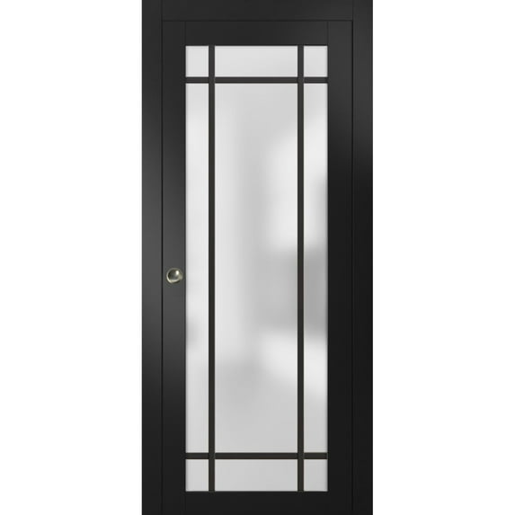 Sliding French Pocket Door 28 x 84 inches | Planum 2112 Matte Black Frosted Glass | Kit Trims Rail Hardware | Solid Wood Interior Bedroom Sturdy Doors