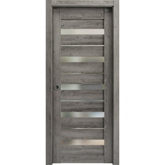 Sliding French Pocket Door 28 x 84 inches | Quadro 4445 Nebraska Grey with Frosted Glass | Kit Trims Rail Hardware | Solid Wood Interior Bedroom Sturdy Doors