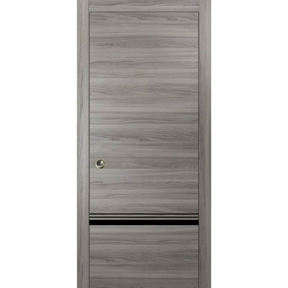 Sliding French Pocket Door 28 x 96 inches with | Planum 0012 Grey Matte with Frosted Glass | Kit Trims Rail Hardware | Solid Wood Interior Bedroom Sturdy Doors