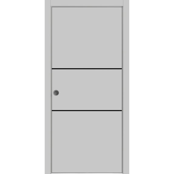 Sliding French Pocket Door 30 x 80 inches with | Planum 0014 Grey Ash with Frosted Glass | Kit Trims Rail Hardware | Solid Wood Interior Bedroom Sturdy Doors