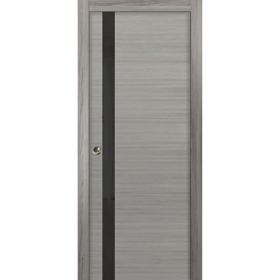 Sliding French Pocket Door 30 x 80 inches | Planum 0040 Grey Ash Black Glass | Kit Trims Rail Hardware | Solid Wood Interior Bedroom Sturdy Doors