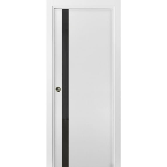 Sliding French Pocket Door 30 x 96 inches | Planum 0040 White Silk Black Glass | Kit Trims Rail Hardware | Solid Wood Interior Bedroom Sturdy Doors