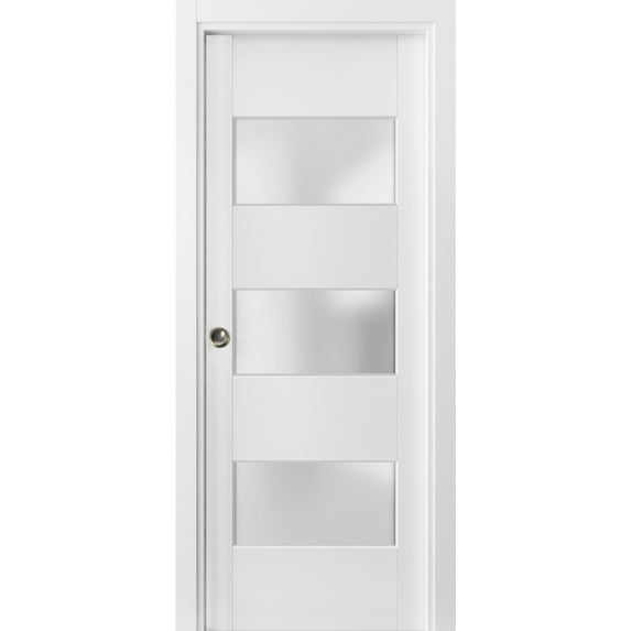 Sliding French Pocket Door 32 x 80 inches with Frosted Glass 3 Lites | Lucia 4070 White Silk | Kit Trims Rail Hardware | Solid Wood Interior Bedroom Sturdy Doors
