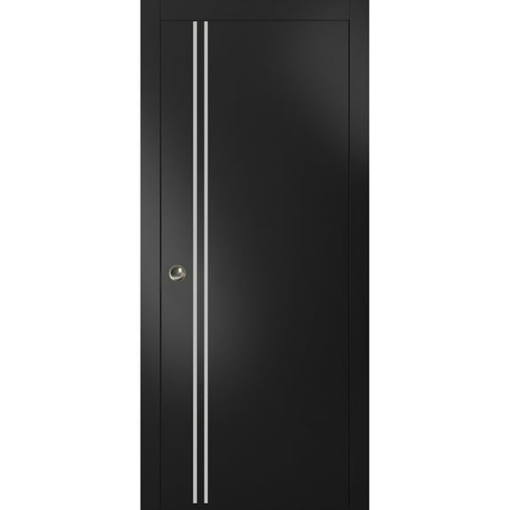 Sliding French Pocket Door 32 x 80 inches with | Planum 0310 Matte Black with Frosted Glass | Kit Trims Rail Hardware | Solid Wood Interior Bedroom Sturdy Doors