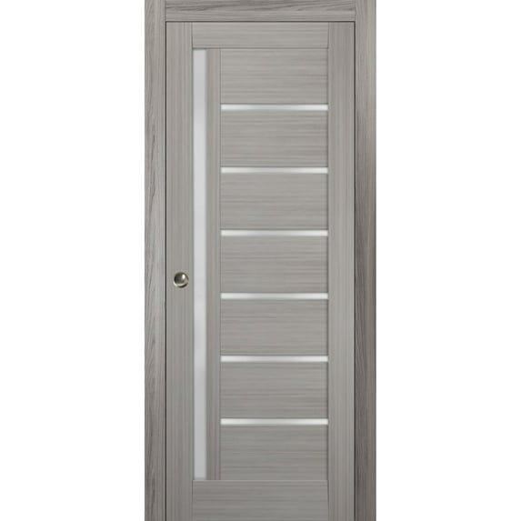 Sliding French Pocket Door 32 x 84 inches with Frosted Glass | Quadro 4088 Grey Ash | Kit Trims Rail Hardware | Solid Wood Interior Bedroom Sturdy Doors
