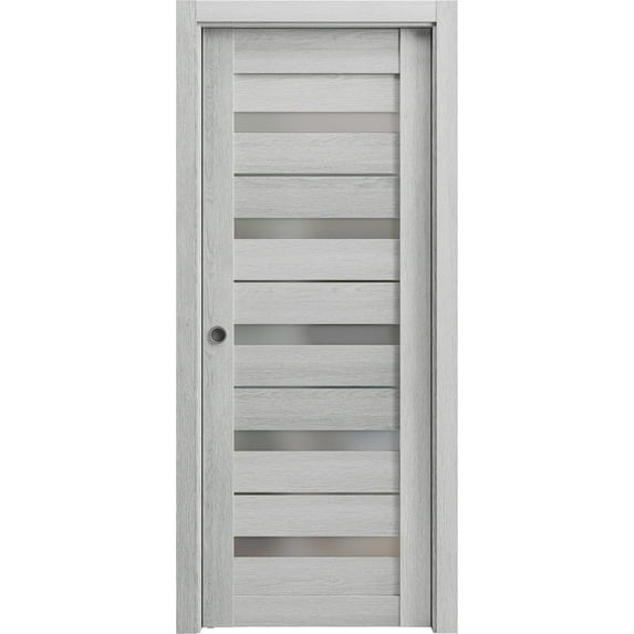 Sliding French Pocket Door 32 x 84 inches | Quadro 4445 Light Grey Oak with Frosted Glass | Kit Trims Rail Hardware | Solid Wood Interior Bedroom Sturdy Doors