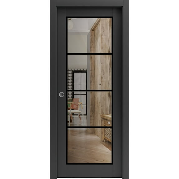 Sliding French Pocket Door 32 x 96 inches | Lucia 2466 Matte Black Clear Glass | Kit Trims Rail Hardware | Solid Wood Interior Bedroom Sturdy Doors