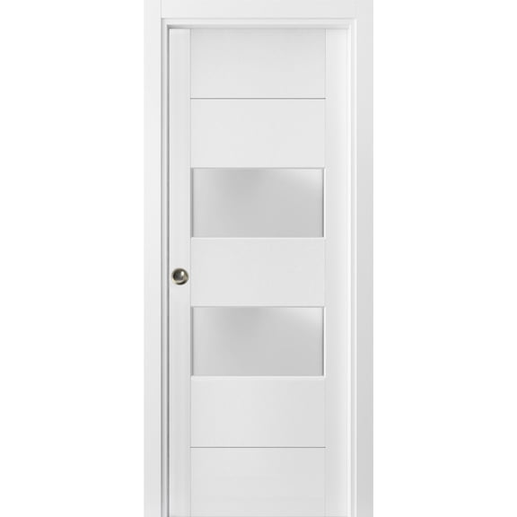 Sliding French Pocket Door 36 x 80 inches with Frosted Glass 2 lites | Lucia 4010 White Silk | Kit Trims Rail Hardware | Solid Wood Interior Bedroom Sturdy Doors