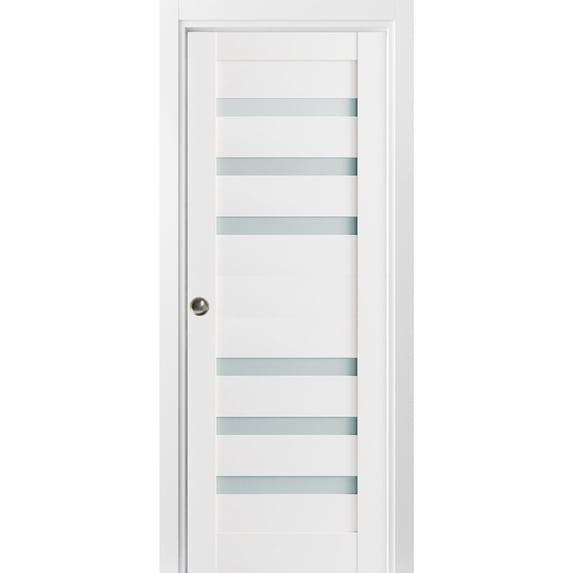 Sliding French Pocket Door 36 x 80 inches with Frosted Glass | Quadro 4266 White Silk | Kit Trims Rail Hardware | Solid Wood Interior Bedroom Sturdy Doors