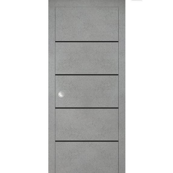Sliding French Pocket Door 36 x 80 inches with | Planum 0015 Concrete with Frosted Glass | Kit Trims Rail Hardware | Solid Wood Interior Bedroom Sturdy Doors