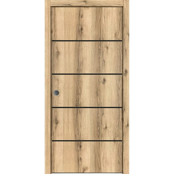 Sliding French Pocket Door 36 x 80 inches with | Planum 0015 Oak with Frosted Glass | Kit Trims Rail Hardware | Solid Wood Interior Bedroom Sturdy Doors