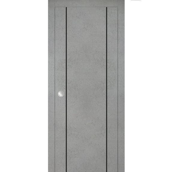 Sliding French Pocket Door 36 x 80 inches with | Planum 0016 Concrete with Frosted Glass | Kit Trims Rail Hardware | Solid Wood Interior Bedroom Sturdy Doors