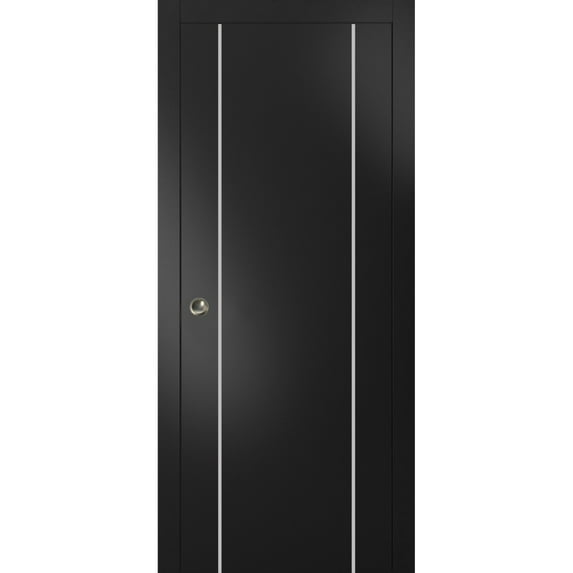 Sliding French Pocket Door 36 x 80 inches with | Planum 0410 Matte Black with Frosted Glass | Kit Trims Rail Hardware | Solid Wood Interior Bedroom Sturdy Doors
