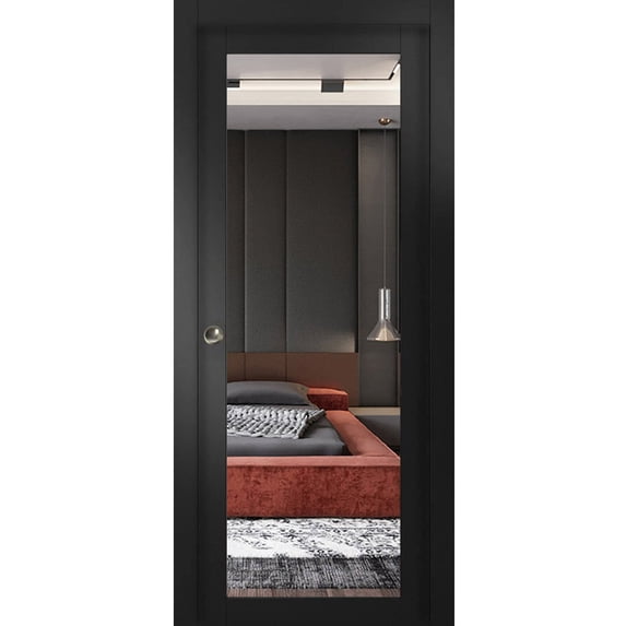 Sliding French Pocket Door 36 x 84 inches with | Lucia 1299 Matte Black with Mirror | Kit Trims Rail Hardware | Solid Wood Interior Bedroom Sturdy Doors