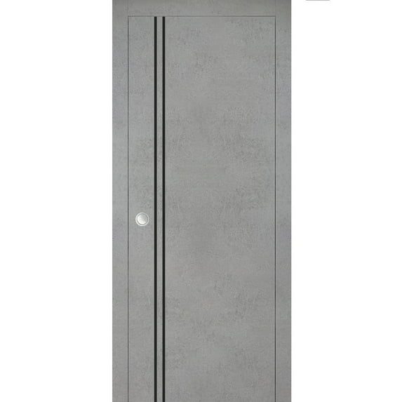 Sliding French Pocket Door 36 x 84 inches with | Planum 0016 Concrete with Frosted Glass | Kit Trims Rail Hardware | Solid Wood Interior Bedroom Sturdy Doors