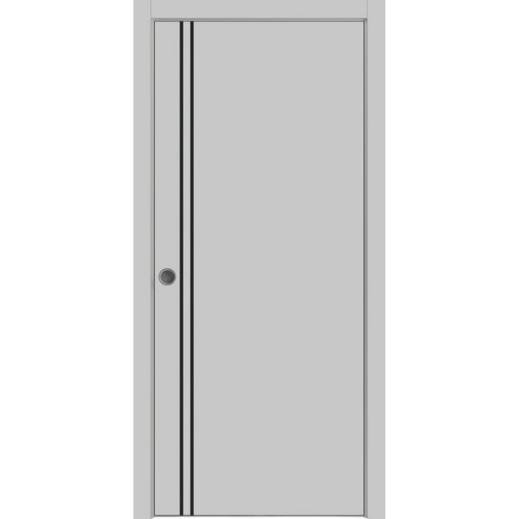 Sliding French Pocket Door 36 x 84 inches with | Planum 0016 Grey Matte with Frosted Glass | Kit Trims Rail Hardware | Solid Wood Interior Bedroom Sturdy Doors