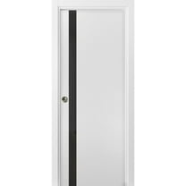 Sliding French Pocket Door 36 x 84 inches | Planum 0040 White Silk Black Glass | Kit Trims Rail Hardware | Solid Wood Interior Bedroom Sturdy Doors