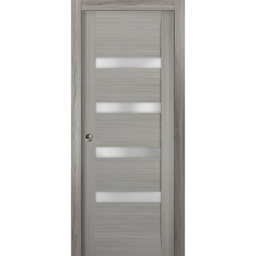 Sliding French Pocket Door 36 x 84 inches with | Quadro 4113 Grey Ash with Frosted Glass | Kit Trims Rail Hardware | Solid Wood Interior Bedroom Sturdy Doors