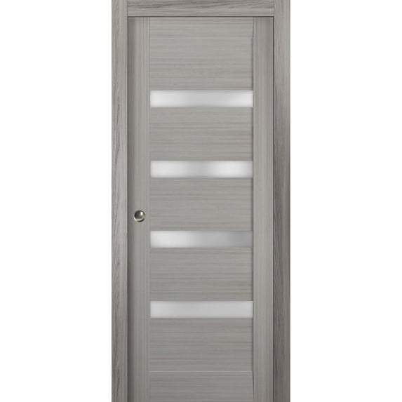 Sliding French Pocket Door 36 x 84 inches with | Quadro 4113 Grey Ash with Frosted Glass | Kit Trims Rail Hardware | Solid Wood Interior Bedroom Sturdy Doors