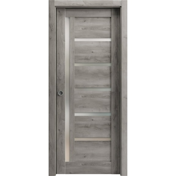 Sliding French Pocket Door 36 x 96 inches | Quadro 4088 Nebraska Grey with Frosted Glass | Kit Trims Rail Hardware | Solid Wood Interior Bedroom Sturdy Doors