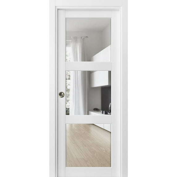 Sliding French Pocket Door 42 x 84 inches with Clear Glass 3 Lites | Lucia 2555 Matte White | Kit Trims Rail Hardware | Solid Wood Interior Bedroom Sturdy Doors
