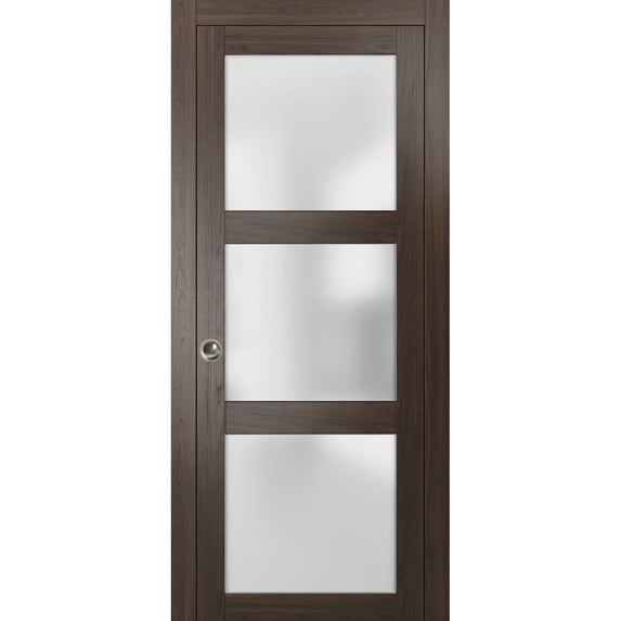 Sliding French Pocket Door 42 x 84 inches with Frosted Glass | Lucia 2552 Chocolate Ash | Kit Trims Rail Hardware | Solid Wood Interior Bedroom Sturdy Doors