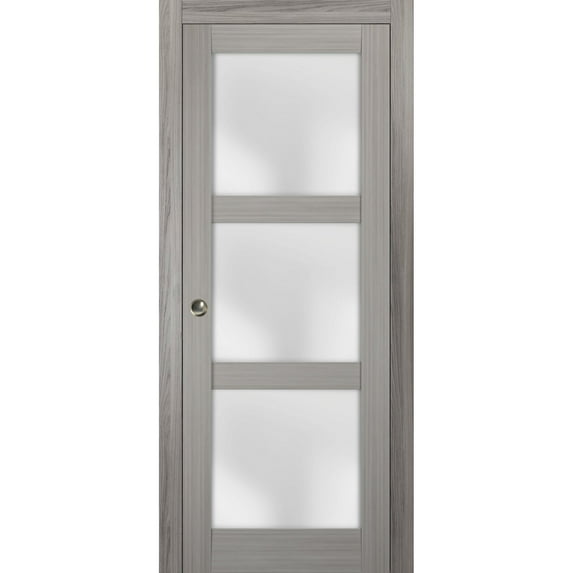 Sliding French Pocket Door 42 x 84 inches with Frosted Glass | Lucia 2552 Grey Ash | Kit Trims Rail Hardware | Solid Wood Interior Bedroom Sturdy Doors