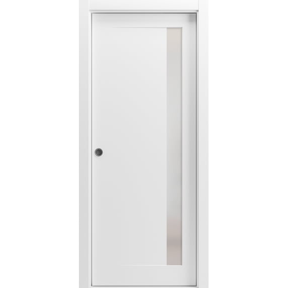 Sliding French Pocket Door 42 x 84 inches with | Planum 0660 Painted White with Frosted Glass | Kit Trims Rail Hardware | Solid Wood Interior Bedroom Sturdy Doors