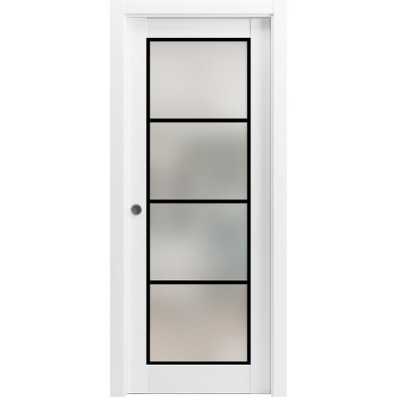 Sliding French Pocket Door 42 x 84 inches | Planum 2132 White Silk Frosted Glass | Kit Trims Rail Hardware | Solid Wood Interior Bedroom Sturdy Doors