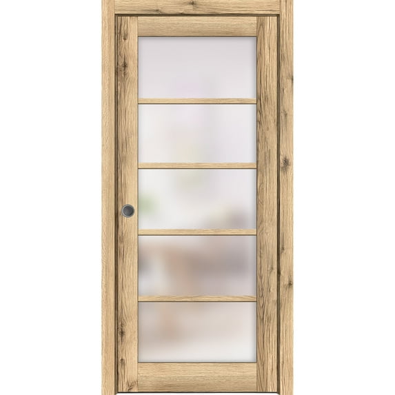 Sliding French Pocket Door 42 x 84 inches | Quadro 4002 Oak | Kit Trims Rail Hardware | Solid Wood Interior Bedroom Sturdy Doors