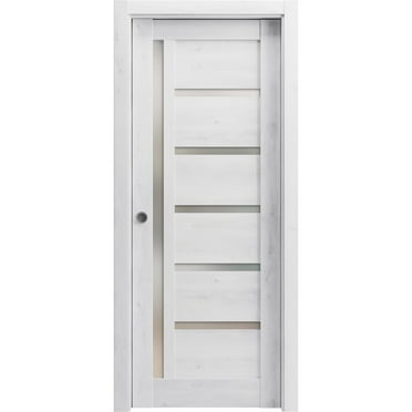 Sliding French Pocket Door 42 x 84 inches | Quadro 4088 Nordic White with Frosted Glass | Kit Trims Rail Hardware | Solid Wood Interior Bedroom Sturdy Doors