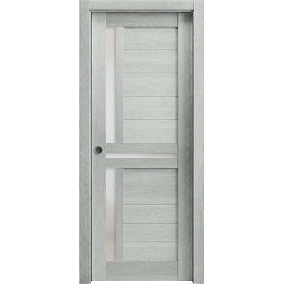 Sliding French Pocket Door 42 x 84 inches with | Veregio 7288 Light Grey Oak with Frosted Glass | Kit Trims Rail Hardware | Solid Wood Interior Bedroom Sturdy Doors