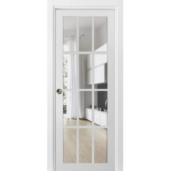 Sliding French Pocket Door with Clear Glass 12 Lites | Felicia 3355 White Silk | Kit Trims Rail Hardware | Solid Wood Interior Bedroom Sturdy Doors -30" x 84"