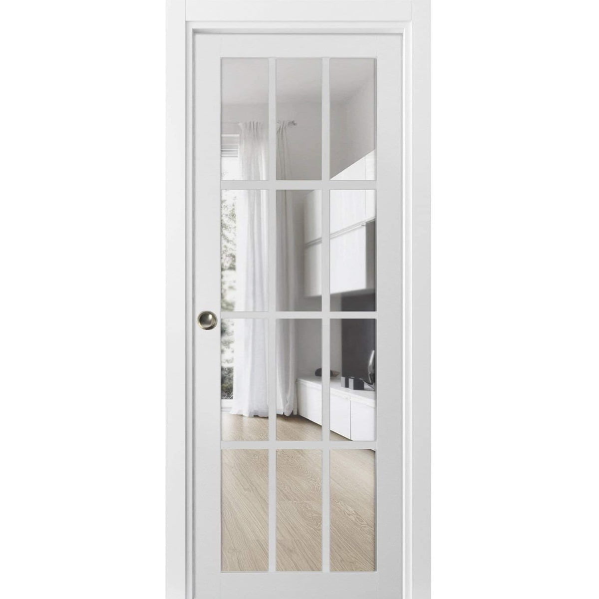 Sliding French Pocket Door with Clear Glass 12 Lites | Felicia 3355 White Silk | Kit Trims Rail Hardware | Solid Wood Interior Bedroom Sturdy Doors -42" x 84"
